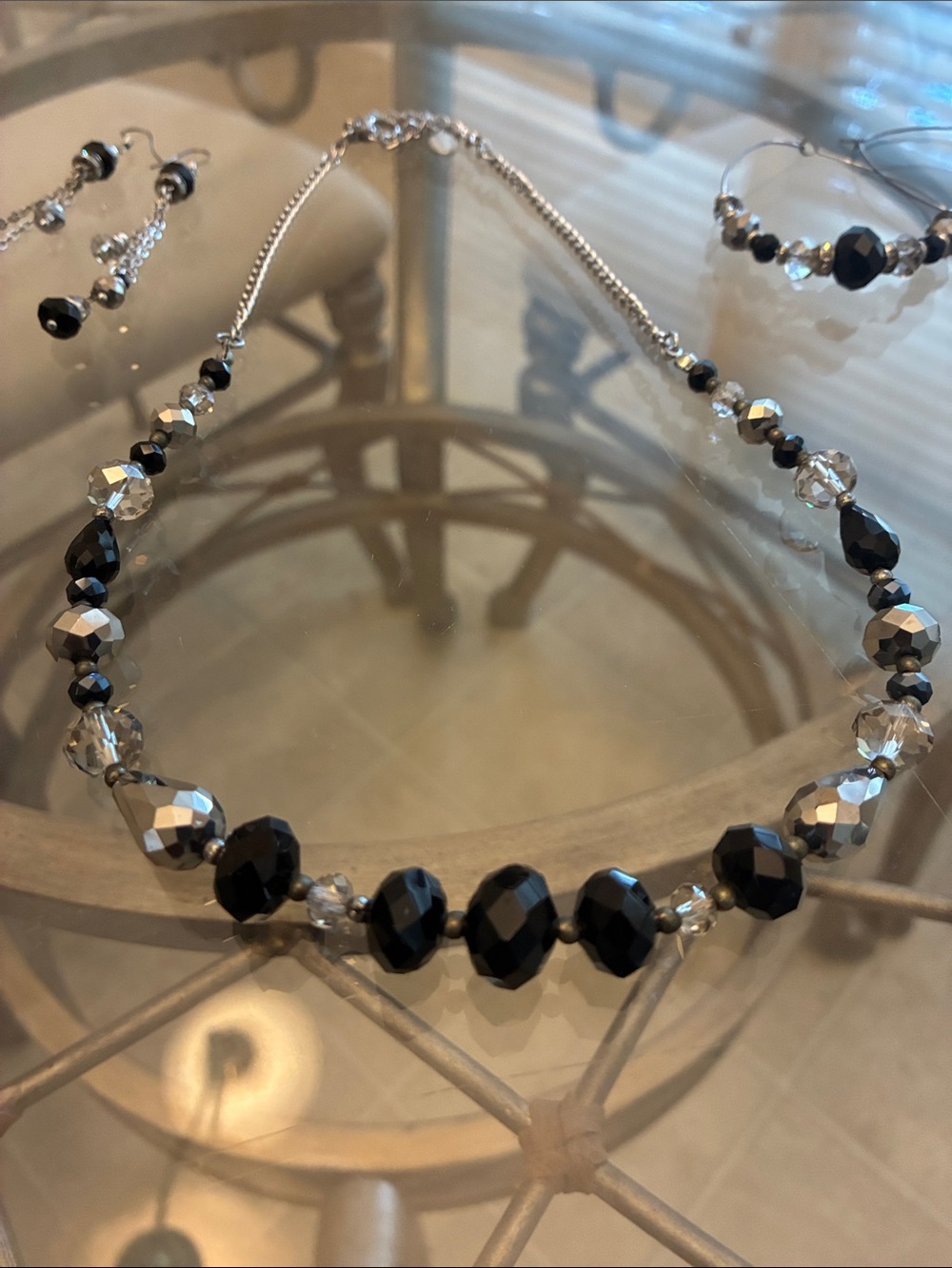Black and Silver Beaded Necklace and Earring Set